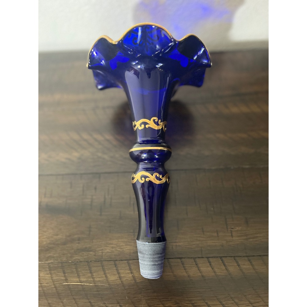 Slavia Bohemia Crystal Cobalt Blue Glass Trumpet Vase Gold Gilt Floral Ruffled